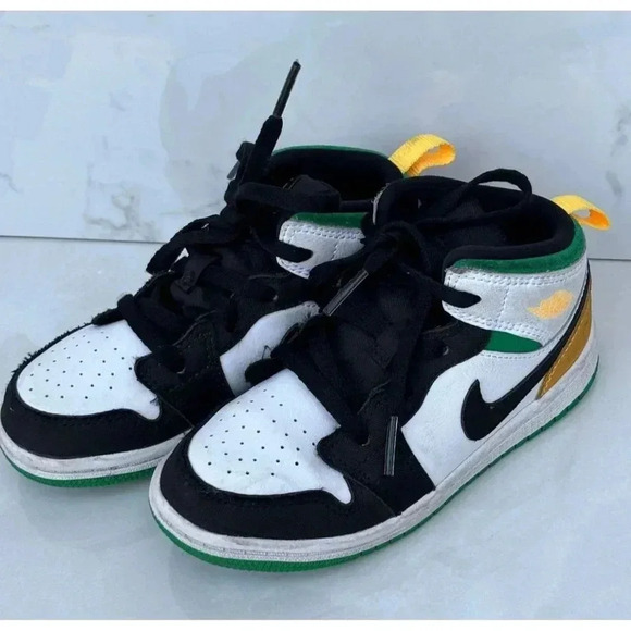 Nike Mens Air Jordan 1 Mid SE Oakland White Green Basketball Shoe Sneaker Sz 10c - Picture 1 of 10